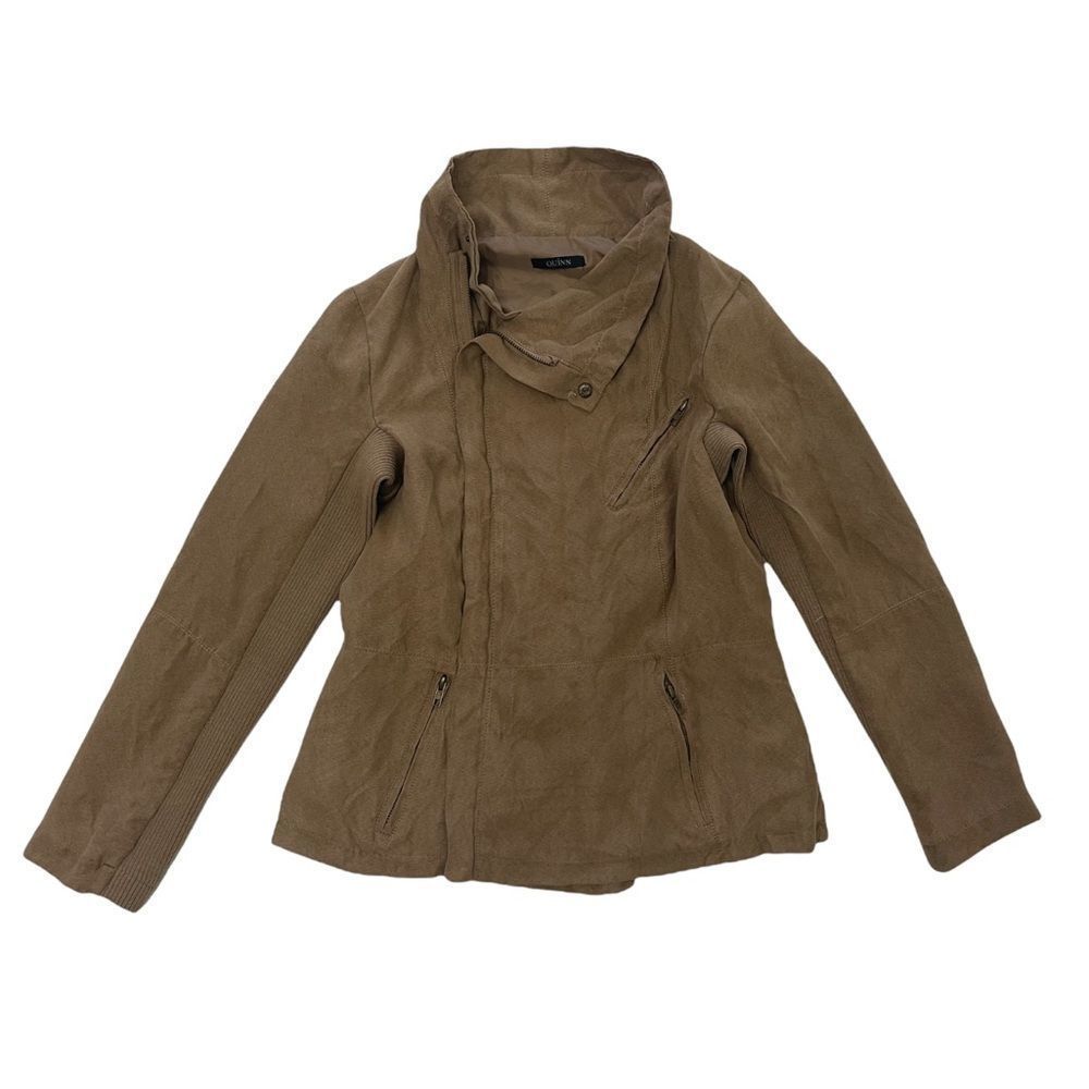 QUINN camel brown tan asymmetrical faux suede zip up jacket long sleeve medium